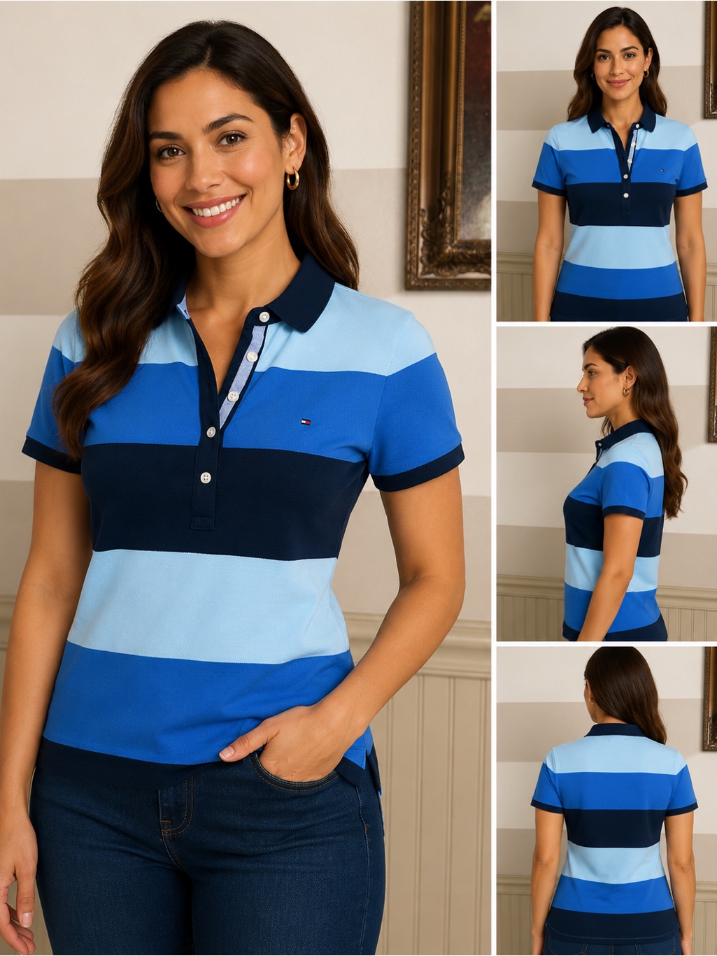 Tommy Hilfiger Classic Fit Blue Multi-Stripe Polo Shirt Size Small